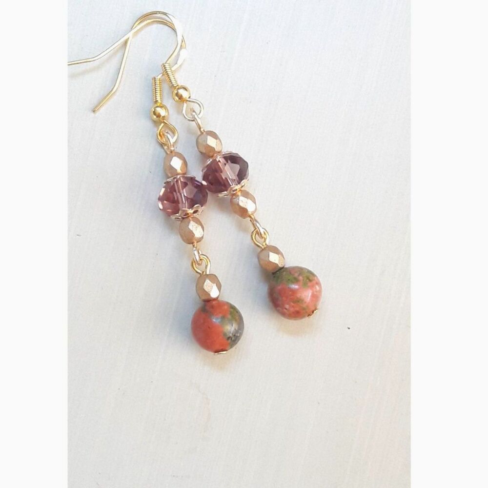 Purple Unakite Gold plated Hooks Hidden Meaning earrings Natural Elements,  334■